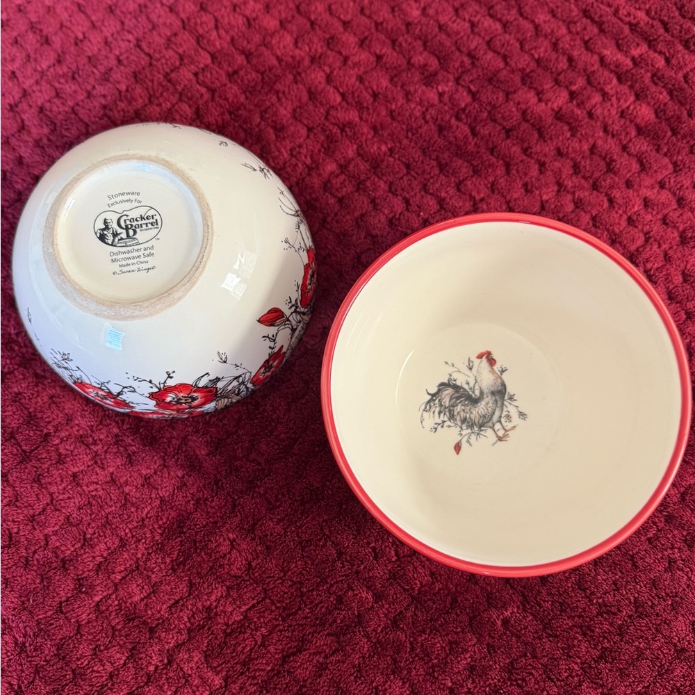 2 Cracker Barrel Red and White Rooster Bowls